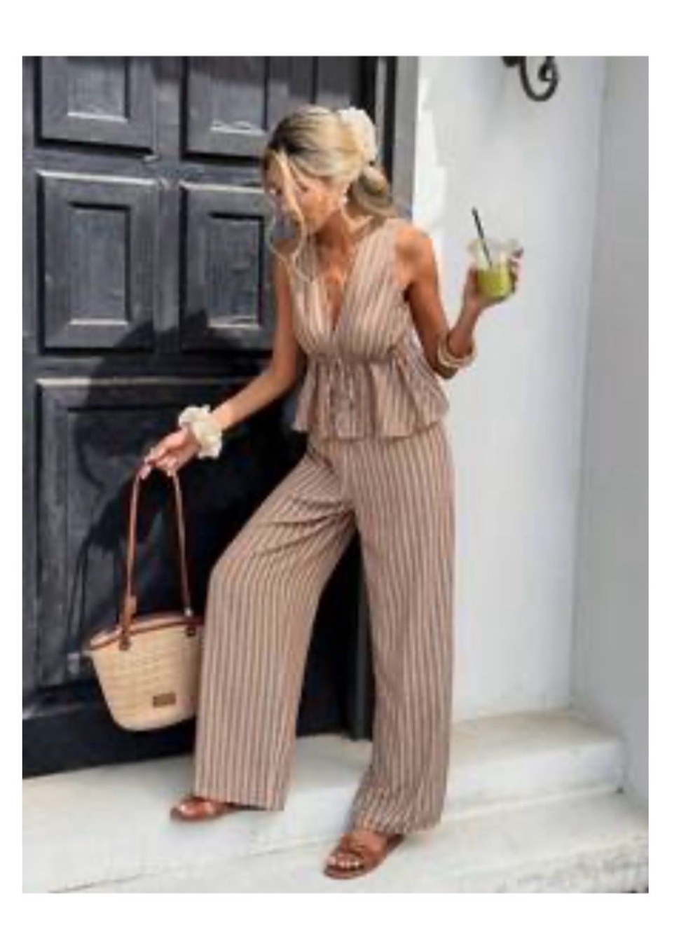 Striped Tan Sleeveless Linen-Blend Jumpsuit with Front Tie